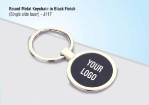 J117 – Round metal keychain in Black finish (single side laser)