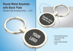 J123 – Round metal keychain with Black plate (Double side branding area)