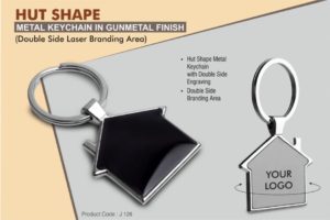 J126 – Hut shape metal keychain in Black finish (Double side laser)