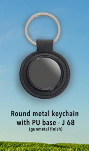 J68 – Round metal keychain with PU base (gunmetal finish)