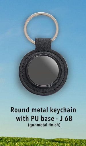 J68 – Round metal keychain with PU base (gunmetal finish)
