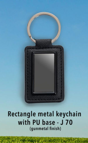 J70 – Rectangle metal keychain with PU base (gunmetal finish)