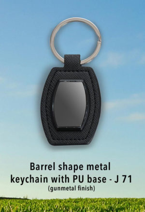 J71 – Barrel shape metal keychain with PU base (gunmetal finish)