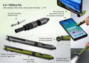 L144 – 6 in 1 Military pen with compass, torch, tools, phone stand and stylus