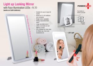 N20 – Light up Looking mirror with Face illumination LEDs (works on 3xAA batteries)