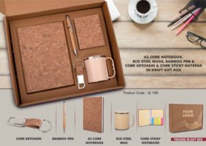 Q108 – EcoSet 2: Set of A5 Cork notebook, Eco Steel mug, Bamboo Pen, Cork Keychain & Cork Sticky notepad in Kraft Gift Box