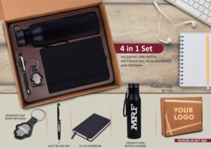 Q113 – 4 in 1 Black set: Tulip shape Keychain, SS Bottle, Metal Pen and A5 PU notebook in Kraft Gift Box