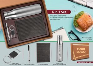 Q114 – 4 in 1 Gray set: Metal keychain, SS bottle, Metal Pen and A5 PU notebook in Kraft Gift Box