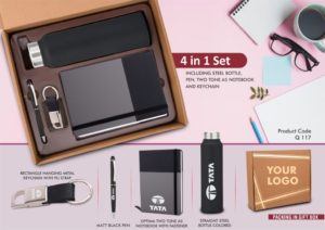 Q117 – 4 in 1 Dual Tone set: Rectangle metal keychain, SS colored bottle, Metal Pen and A5 PU notebook in Kraft Gift Box