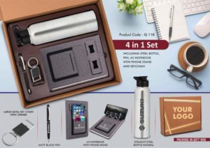 Q118 – 4 in 1 Gray set: Metal Keychain, SS natural bottle, Metal Pen and 4 in 1 notebook in Kraft Gift Box