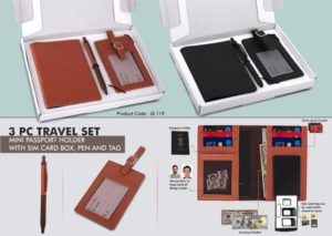 Q119 – 3 pc Travel set: Mini Passport holder with Sim card box, Luggage tag & Metal Pen in Gift box