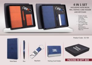 Q120 – 4 pc Notebook Set: A6 size notebook, Metal Pen, Loop Keychain & Visiting card holder in Gift box