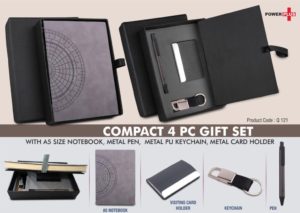 Q121 – Compact 4 pc Gray gift set: A5 size Notebook, Metal pen, Metal PU Keychain, Metal Card holder