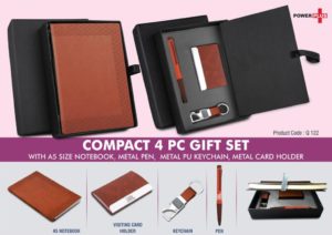 Q122 – Compact 4 pc Tan gift set: A5 size Notebook, Metal pen, Metal PU Keychain, Metal Card holder