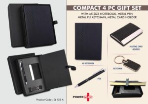 Q123a – Compact 4 pc Black gift set: A5 size Notebook, Metal pen, Metal PU Keychain, Metal Card holder