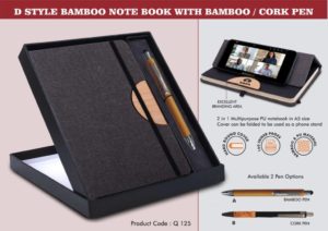 Q125 – Notebook Gift set Eco: D Style Bamboo Note Book With Bamboo / Cork Pen