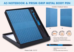 Q127 – Blue Notebook Gift set: A5 PU Notebook With Prism Metal Pen