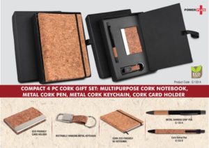 Q133b – Compact 4 pc Cork gift set: Cork Notebook, Cork pen, Metal Cork Keychain, Cork Card holder