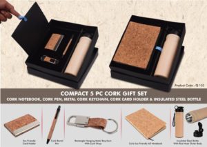 Q153 – Compact 5 Pc Cork Gift Set: Cork Notebook, Cork Pen, Metal Cork Keychain, Cork Card Holder & Insulated Steel Bottle