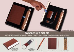 Q154 – Compact 5 Pc Tan Gift Set: A5 Size Notebook, Metal Pen, Metal Pu Keychain, Metal Card Holder & Prism Steel Bottle