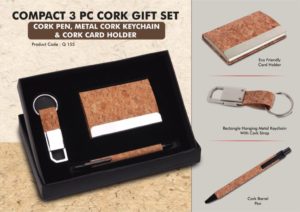 Q155 – Compact 3 Pc Cork Gift Set: Cork Pen, Metal Cork Keychain & Cork Card Holder