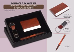 Q156 – Compact 3 Pc Tan Gift Set: Metal Pen, Metal PU Keychain, & Metal Card Holder