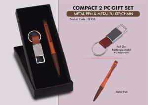 Q158 – Compact 2 Pc Tan Gift Set: Metal Pen & Metal PU Keychain