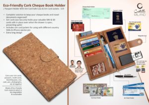 S19 – Eco-Friendly Cork Cheque Book Holder / Passport Holder With Sim Card Safe Case & Sim Card Jackets