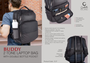 S27 – Buddy: 2 tone Laptop bag with double bottle pocket | Front organizer compartment and quick access pocket | Padded backpack