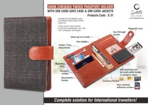 S31 – Dark Chequed Tweed Passport holder with Sim Card Safe Case & Sim Card Jackets