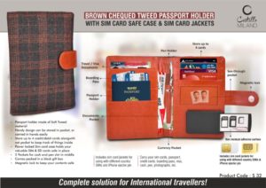 S32 – Brown Chequed Tweed Passport holder with Sim Card Safe Case & Sim Card Jackets