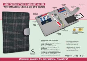S34 – Gray Chequed Tweed Passport holder with Sim Card Safe Case & Sim Card Jackets