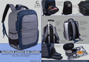 S35 – Backpack Lunch bag kit combo : Backpack with Lunchbox, 2 microwaveable containers, Fork, spoon and tablemat