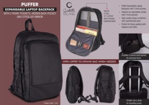 S45 – Puffer: Expandable laptop backpack bag with 2 front pockets, hidden back pocket and Stroller ribbon