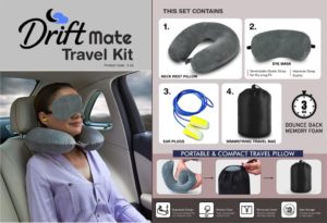 S64 – DriftMate Travel Kit: Combo of Memory foam Neck Rest Pillow, eye mask & ear plugs | With Drawstring Travel Bag