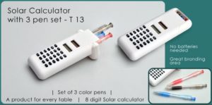 T13 – Solar calculator with 3 pen set