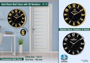 W10 – Bold Black Wall Clock with 3D Numbers | with Metallic Bezel, numbers and Hands | Branding included MOQ 100pc