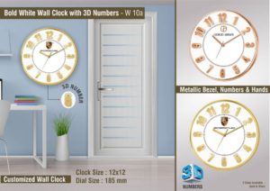 W10a – Bold White Wall Clock with 3D Numbers | with Metallic Bezel, numbers and Hands | Branding included MOQ 100pc